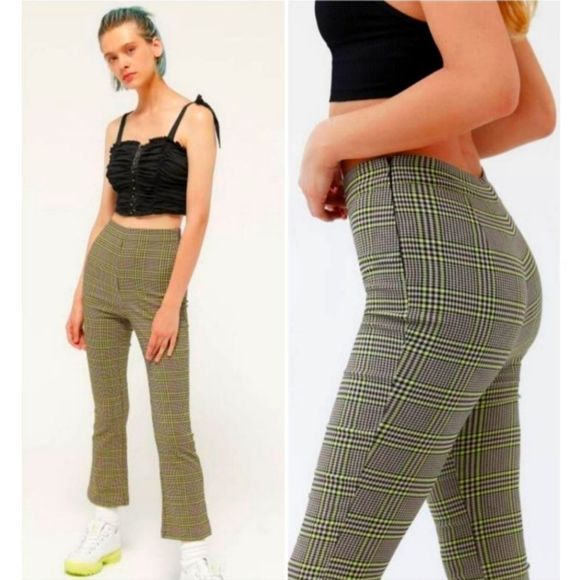 NEW Urban Outfitters Plaid Neon Green 'Lola' Pants - Picture 1 of 10